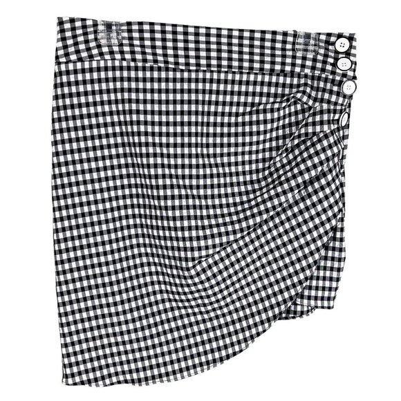 Zara Womens L Black White Gingham Mini Skirt Crossover Button Detail Coquette - Picture 8 of 15